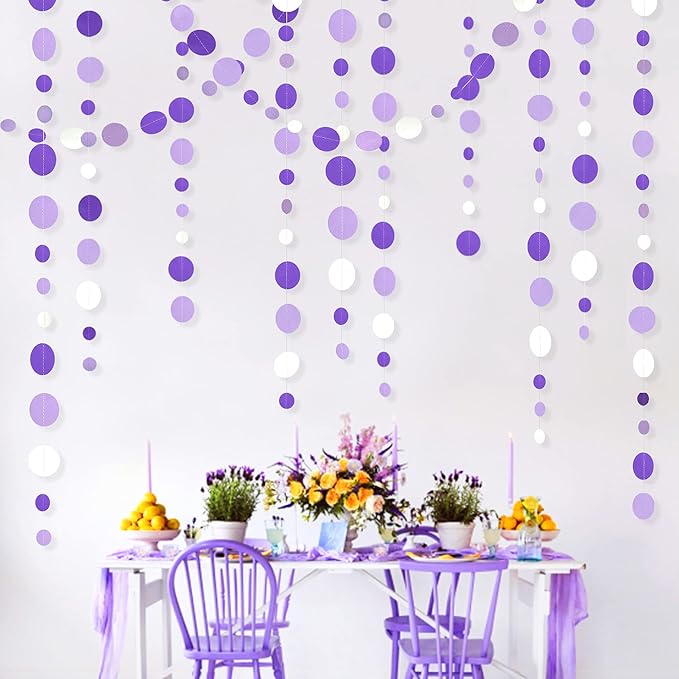 46 Ft Purple and White Circle Dots Garland Lavender Hanging Paper Polka Dot Streamer for Birthday Anniversary Engagement Wedding Baby Bridal Shower Valentine Day Lilac Theme Party Decorations Supplies