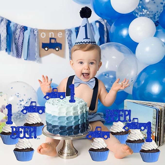 24Pcs Blue Truck 1st Birthday Cupcake Toppers Blue Truck Beep Beep Beep Cake Decorations for Boys and Girls Farm Themed 1st Birthday Party Decor Glitter Cake Decor Car Themed Party Supplies