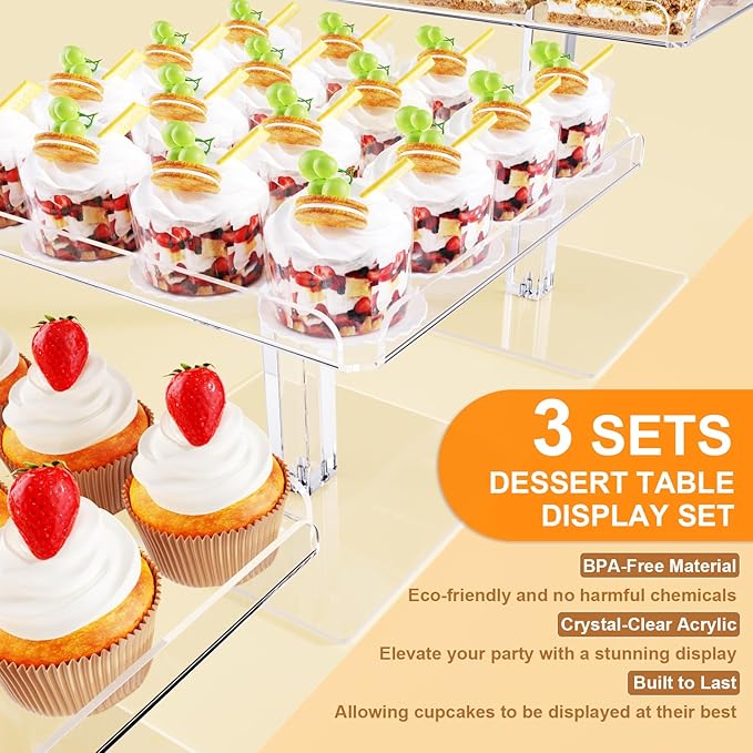 Bakzon 3 Piece Cupcake Stand, Acrylic Dessert Table Display Set, Clear Square Serving Trays for Birthday, Wedding, Baby Shower