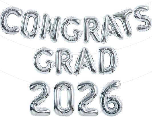 TONIFUL Graduation Balloons 16 Inch Silver Congrats Grad Balloons 16 Inch Silver 2026 Number Foil Balloons for 2026 Graduation Party Graduate Congratulations 2026 Congrats Grad Decorations