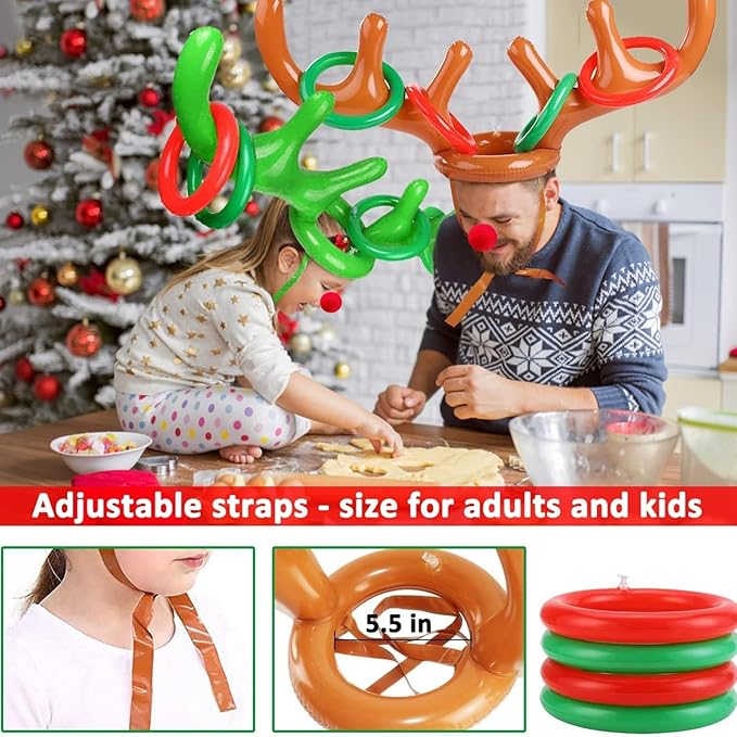 Christmas Inflatable Reindeer Antler Ring Toss Game Xmas Antler Heandband Toys Christmas Party Game Supplies for School Family Team Game Indoor Outdoor