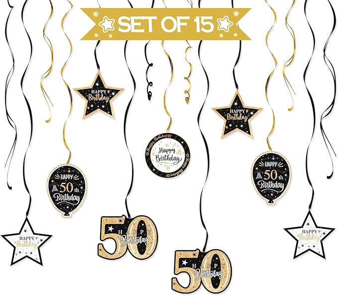 Happy 50th Birthday Black & Gold Glitter Swirls Streamers Party Decorations - 15 Pcs 50th Birthday Hanging Swirls Streamers Kit,Cheers to Fifty Years Old Bday Party Sign.