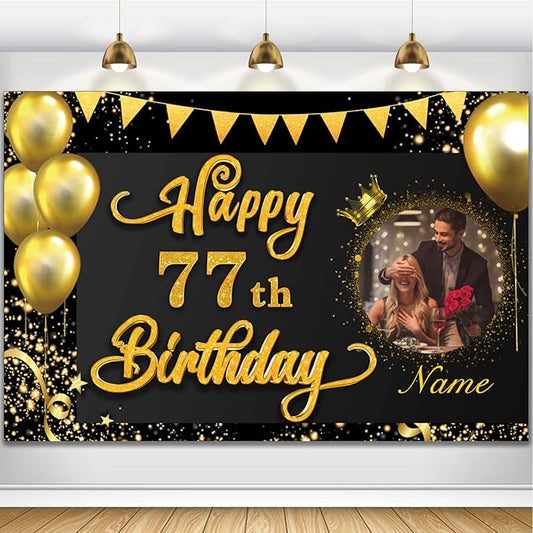 Custom Happy 77th Birthday Decorations Banner -77 Years Old Birthday Decorations Backdrop for Women Men Boys Girls - Personalization Happy 77th Birthday Party Decorations Supplies - Black and Gold