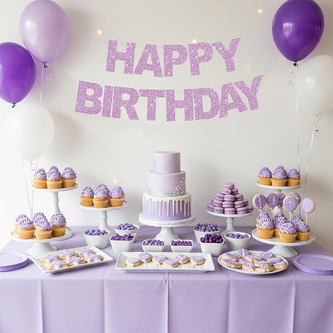 BEISHIDA Happy Birthday Banner - Pre-Strung No DIY Birthday Decorations - Happy Birthday Sign - Birthday Banner for Women, Kids - Backdrop Light Purple