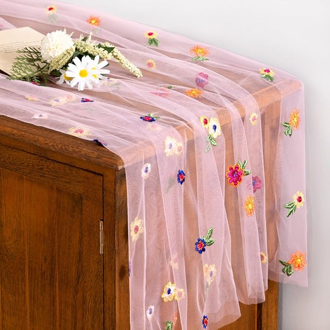 Socomi Flower Table Runner Summer Daisy Floral Tulle Gauze Cheesecloth Embroidery Table Runners for Tea Party Garden Wedding Bridal Baby Shower Birthday Picnic Decor Pink 3pcs