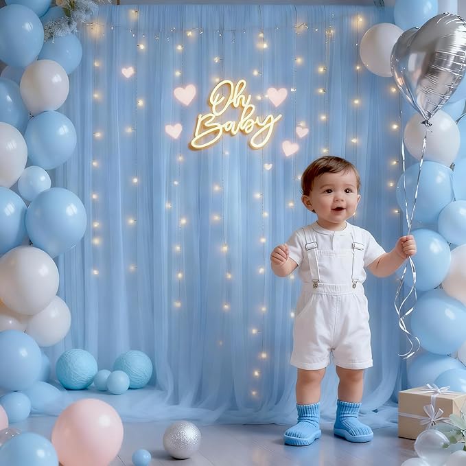 10x10ft Baby Blue Tulle Backdrop Curtain with Lights String for Parites, Sheer Photo Backdrop Curtain Drapes for Wedding Baby Shower Bridal Shower Birthday Party Photo Shoot Decorations