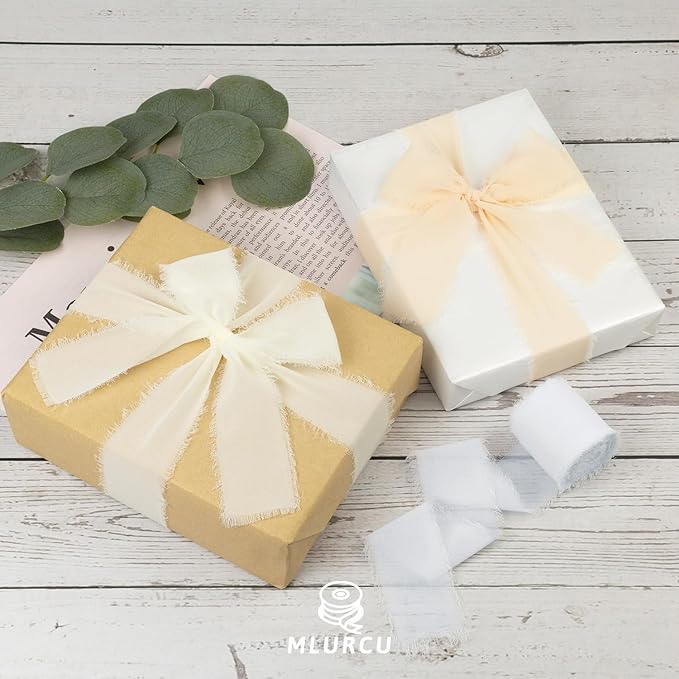 White Chiffon Ribbon 1.5 Inch x 21Yds Handmade Fringe Chiffon Silk Ribbon White/Cream/Nude Frayed Chiffon Ribbon for Wedding Invitation Flower Bouquets Gift Wrapping Bridal Shower Baby Shower