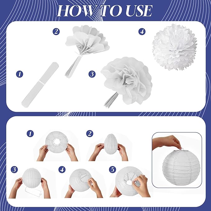 BEISHIDA Blue Gold Tissue Hanging Paper Flowers Lanterns Party Decorations Set for Birthday Graduation Baby Shower Bridal Bachelorette Wedding Photo Booth Backdrops Party Supplies(18 Packs)