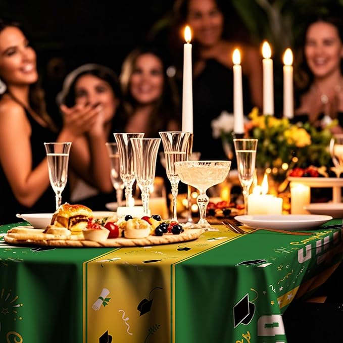 8 Pack Graduation Plastic Tablecloth 54" x 108" Disposable Table Cloths for 6 to 8 Foot Tables Cover for Class of 2026 Parties Decorations Supplies (Graduation Green Gold, Rectangle)