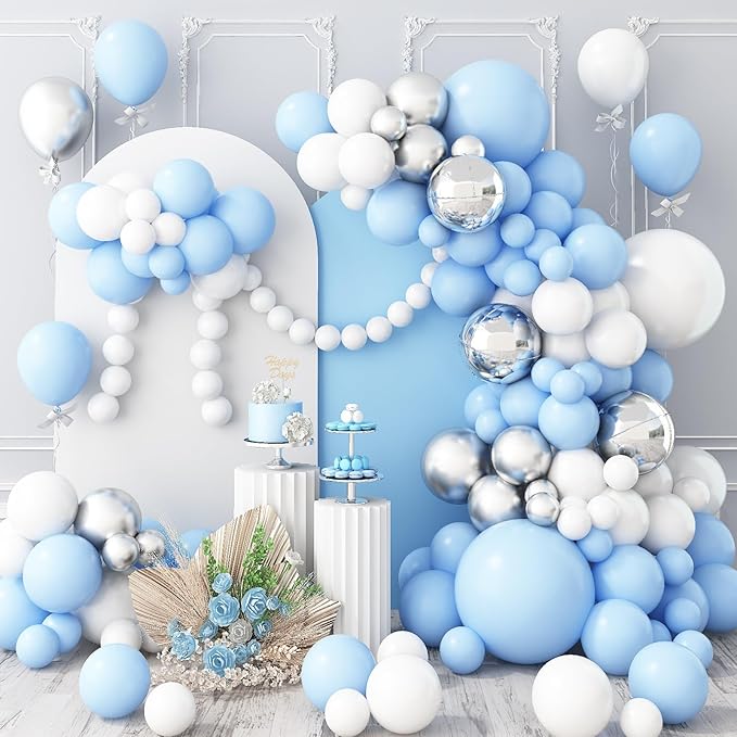 Jobkoo Blue White Balloon Arch Kit Baby Blue White Silver Balloon Garland 4D Silver Foil Balloons Pastel Light Blue Silver Latex Balloons Christening Boy Birthday Baby Shower Party Decorations QQ-113