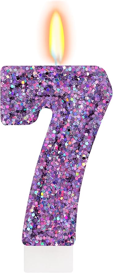 Deep Purple Glitter Birthday Candles for Girls - Number 7 Candle Cake Topper for Kpop Themed Birthday Party Decorations