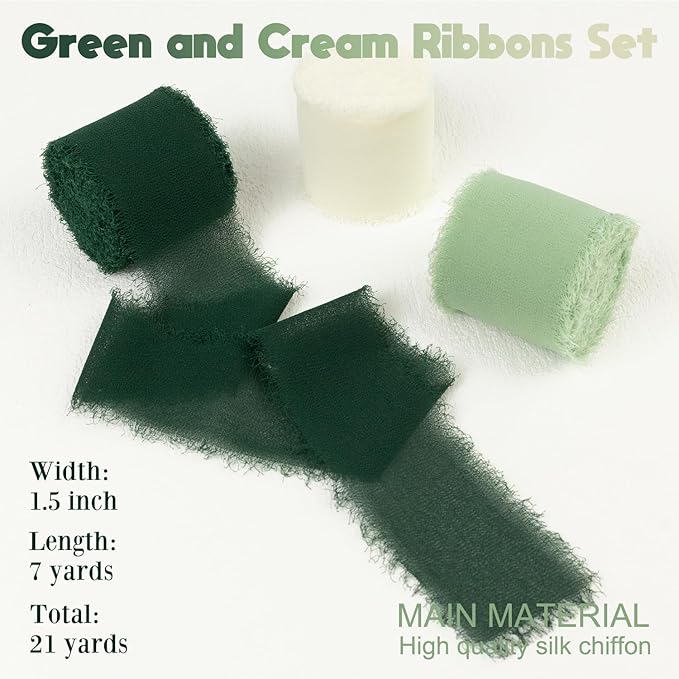 Green Chiffon Ribbon 1.5 Inch x 21Yds Handmade Fringe Chiffon Silk Ribbon Green & Cream Frayed Chiffon Ribbon for Wedding Invitation Flower Bouquets Gift Wrapping Bridal Shower Baby Shower