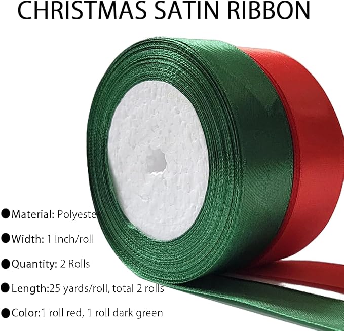 Red Christmas Ribbon, Dark Green Red Satin Ribbon 1 Inch 50 Yards Fabric Ribbons for Christmas Party Decorations, Gift Wrapping, Tree Ornaments, Bouquets, Door Wreaths, Bows Making and DIY Crafts