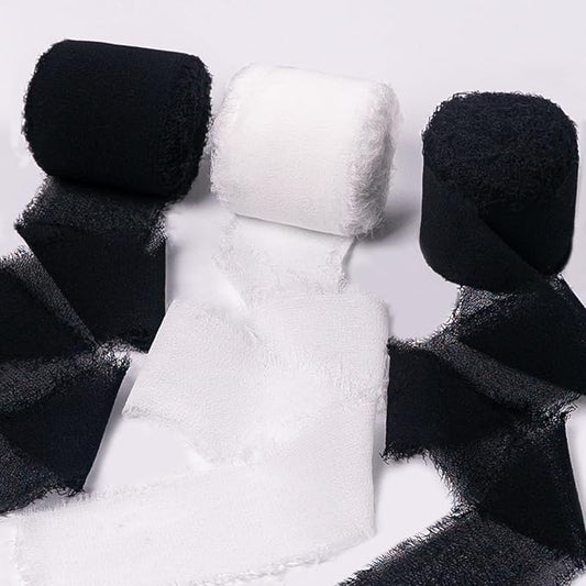 Chiffon Ribbon, Black White 1.5''x21Yd Silk Frayed Fringe Halloween Ribbons for Wrapping, Handmade Ribbon for Floral Vase, Wedding, Graduation, Birthday, Engagement, Bridal Shower, 3 Rolls