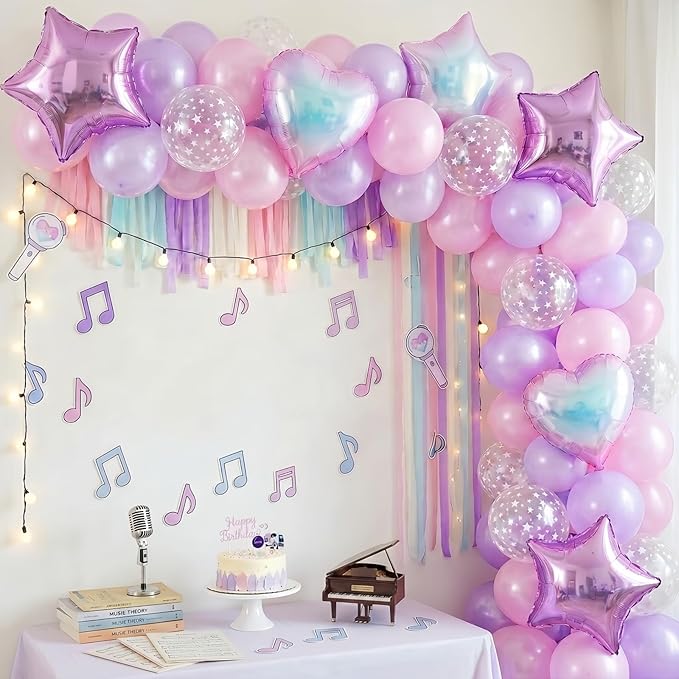 Pink and Purple Balloons, Pastel Pale Pink Light Purple Lilac Transparent Star Latex Balloon With Iridescent Heart Lavender Star Foil Balloons for Kpop Birthday Party Baby Shower Princess Decorations