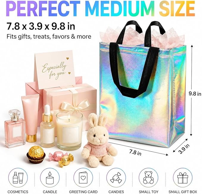 MAQIHAN 6 Pcs Iridescent Gift Bags Bulk - Mother's Day Iridescent Glossy Gifts Bags Medium Size,Reusable Gift Bag with Handles for Birthday Party, Wedding, Party Favor, Christmas, Easter