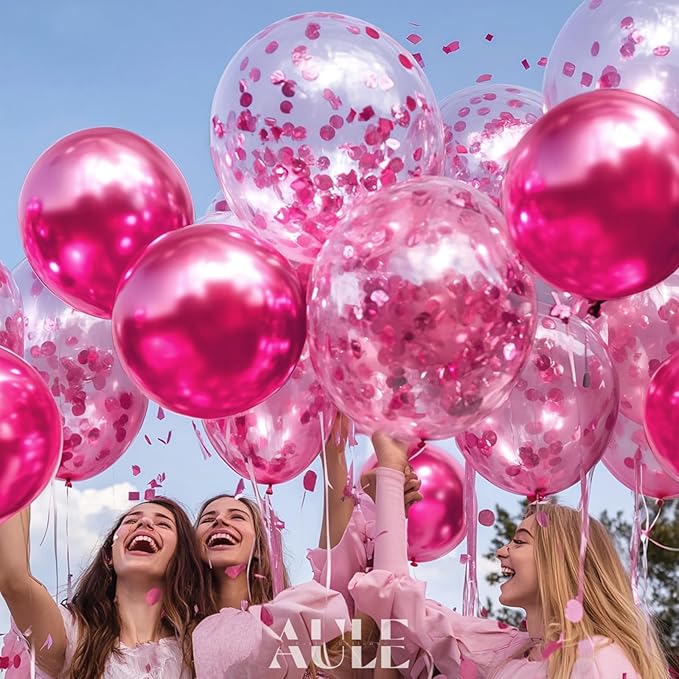 AULE Party Balloons Pack of 42 - Metallic Chrome Pink Balloons and Pink Confetti Latex Helium Balloons With 64ft Ribbons - 12 Inch Balloon Decoration Set