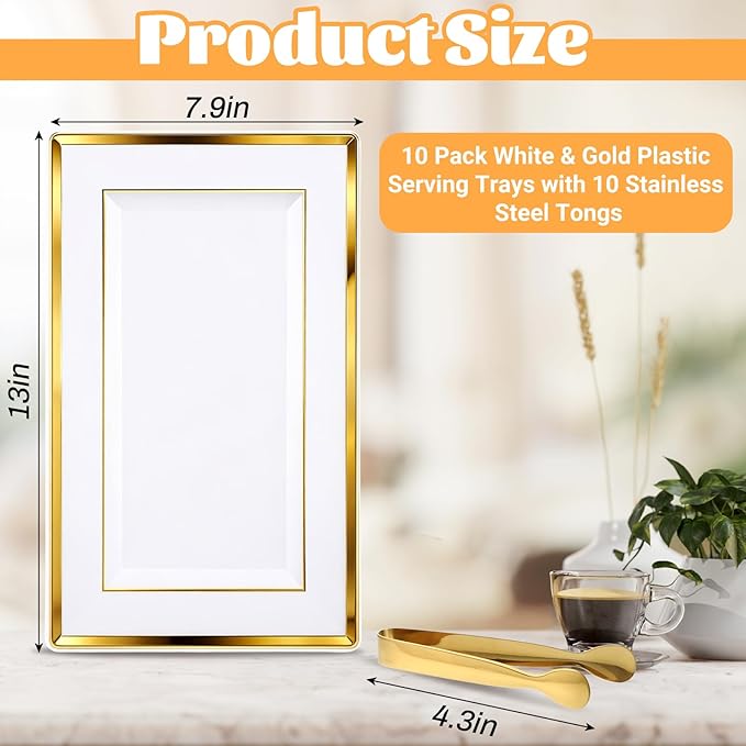 10 Pack White & Gold Plastic Serving Trays with 10 Stainless Steel Tongs - Elegant Disposable Platters for Parties, Weddings, Desserts