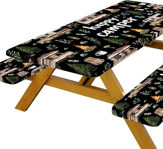 JAWO Picnic Table Cover with Bench Covers, Happy Camper Tablecloth,RV Plants Bonfire Black Rectangle Tablecloth for Indoor Outdoor Patio, 60x30 Inch