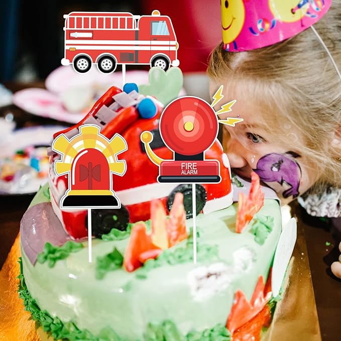 Whaline 72Pcs Fireman Themed Cupcake Topper 12 Designs Fire Truck Firefighter Cupcake Picks Fire Engine Rescue Food Picks with Glue Point for Birthday Baby Shower Party Supplies Cake Decor