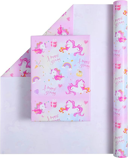 Titiweet Unicorn Wrapping Paper Roll - Mini Roll 17 Inches X 33 Feet - Birthday Wrapping Paper for Girls, Rainbow Wrapping Paper for Birthday Party(Unicorn)