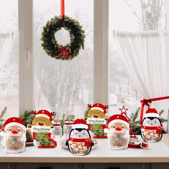 Resurhang 60 Pcs Christmas Treat Bags Candy Zipper Cute Reindeer Penguin Santa Claus Food Goodie Gifts Bags Resealable Christmas Snack Candy Containers with Handle for Xmas Party Supplies