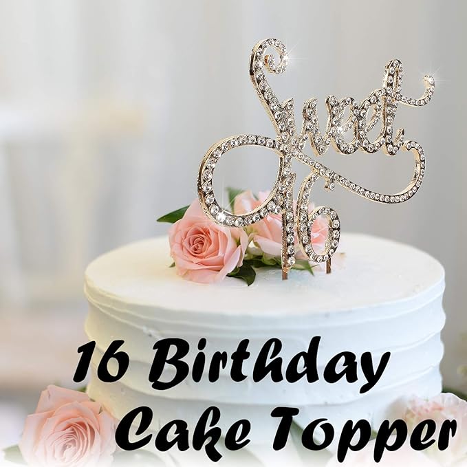 Sweet 16 Cake Topper for 16 Years Birthday Or 16th Wedding Anniversary Crystal Rhinestone Party Decoration Silver (Gold)