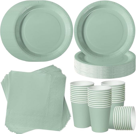 Sage Green Party Plates Set, 120-Piece Disposable Dinnerware for 40 Guests, Heavy-Duty 7-inch Paper Plates, Cups & Napkins for Boho Wedding, Garden Party, Eco-Friendly Event