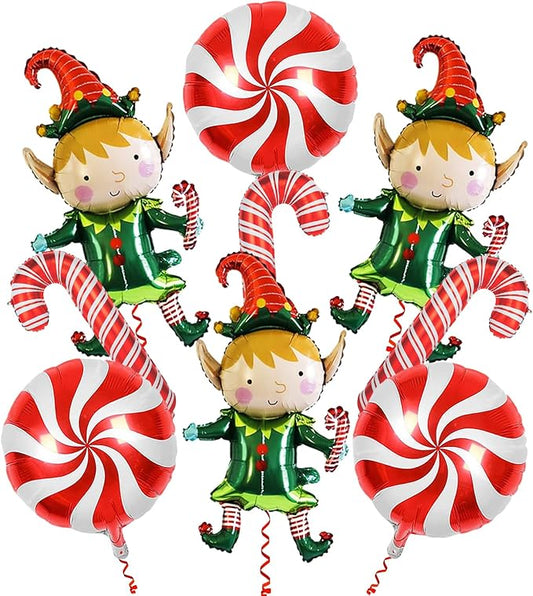 Pensar 9Pcs Christmas Elf Balloons Candy Cane Foil Balloons for Xmas Candies Theme Decor, Elf Party Decorations, New Year Christmas Decoration Party Supplies
