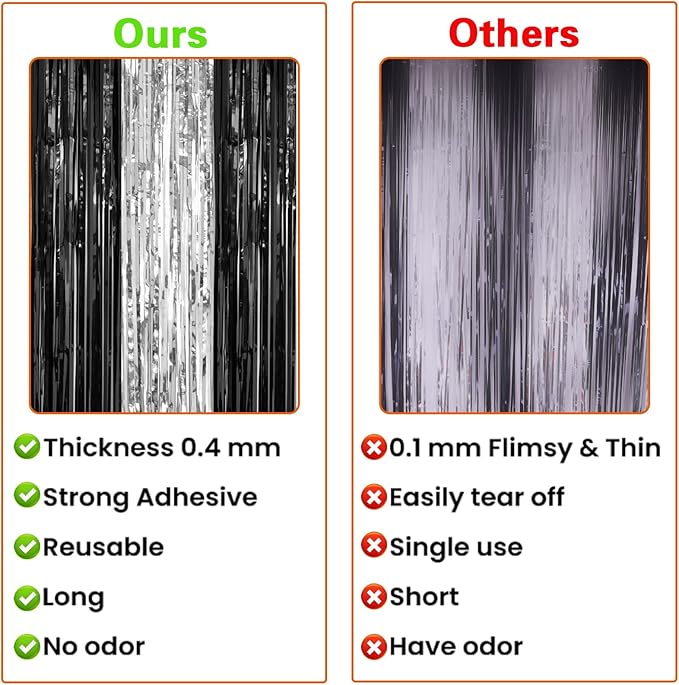 PIGETALE, 2 Pack 3.2 x 8.2 ft Black and Silver Foil Fringe Curtains Party Decorations, Sparkle Tinsel Curtain Photo Backdrop for Birthday Wedding Graduation Stream