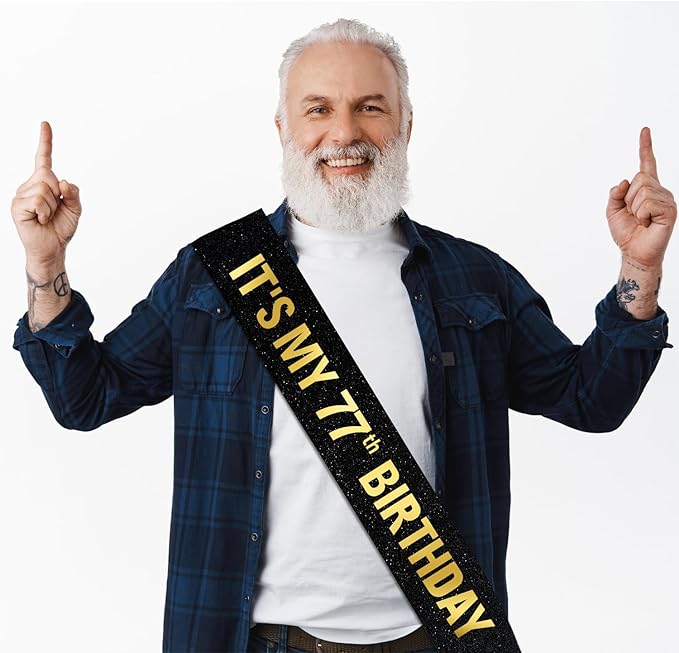 It's My 77th Birthday Sash for Men Women, Black Glitter Sash with Gold Foil