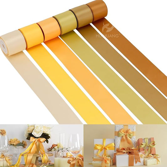 HUIHUANG Gold Ribbon for Gift Wrapping 1-1/2 inch Double-Faced Gold Satin Silk Ribbon Assortment for Flower Bouquet, Crafts, Bows Making, Christmas Holiday Decor- 6 Rolls x 5 Yards/Roll