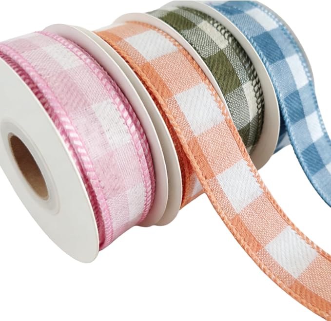 Meseey 7/8 Inch Pastel Plaid Wired Ribbon Set, 4 Rolls Total 40 Yards, Pink/Orange/Sage Green/Blue Buffalo Check Ribbon for Gift Wrapping, Wreath Making, Crafts, Baby Shower & Spring Decor