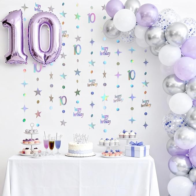 GCQQ 10th Birthday Decorations - 46FT Iridescent 10 year old Circle Dot Twinkle Star Garland 10th Birthday Metallic Holographic Streamer Banner Backdrop for Girls Boys Teen Kids Birthday Party Decor