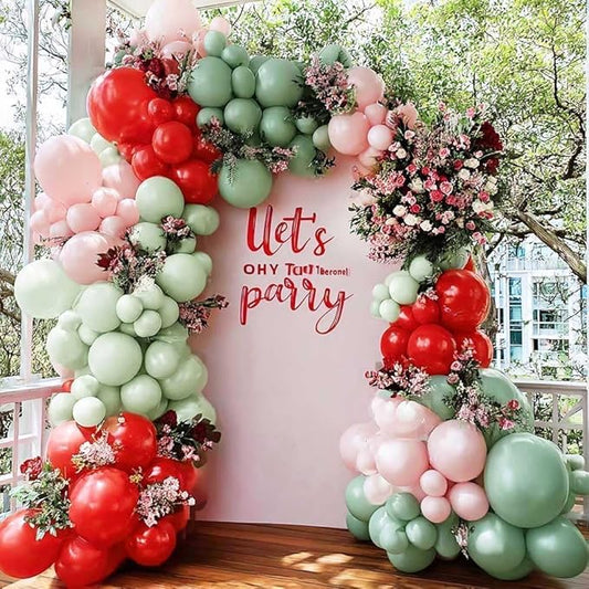 Red Pink Green Balloon Arch Double Stuffed Dusty Green, Ruby Red, Pastel Pink Balloon Garland Kit for Cherry on Top Birthday Mothers Day Baby Shower Wedding Summer Party Decoration