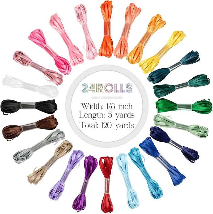 1/8 Inch Thin Ribbon for Crafts, Assorted Colorful Bulk Pack 120Yds, Double Faced Satin Set, Skinny Silk Fabric for Christmas Ornaments, Hair Bows, Sewing, Gift Wrapping