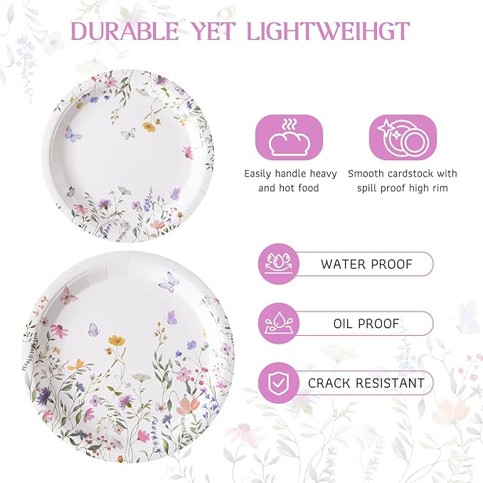 96PCS Wildflower Paper Plates and Napkins, Disposable Floral Plates for Bridal Shower, Garden Party, Wedding, Mother's Day, Spring Party, Baby Shower, Afternoon Tea Party
