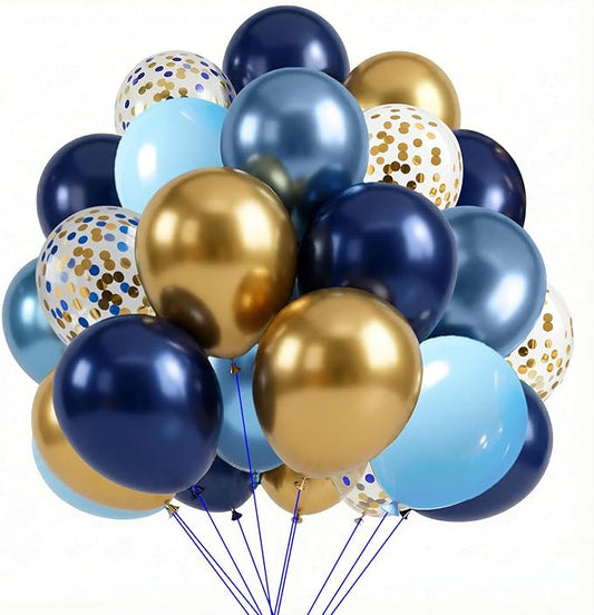 Navy Blue and Metallic Gold Balloons,65pcs 12 inch Metallic Blue Light Blue Balloon and Blue Gold Confetti Balloons for Birthday Graduation Wedding Bridal Shower Baby Shower New Year Party Decoration