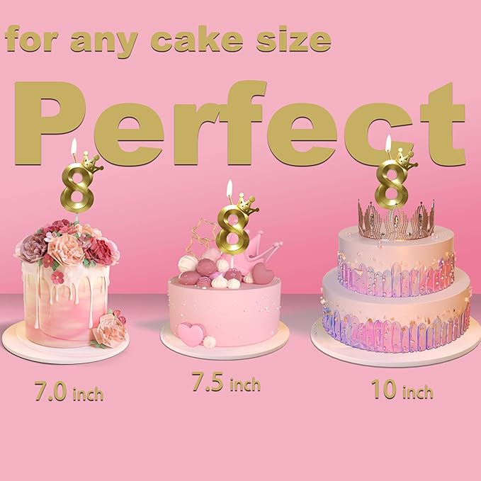 The Number 8 Gold Birthday Candles for Cake is Beautiful Number Candles for 8th Birthday Decorations for Boys and Girls (Gold-8, Crown)
