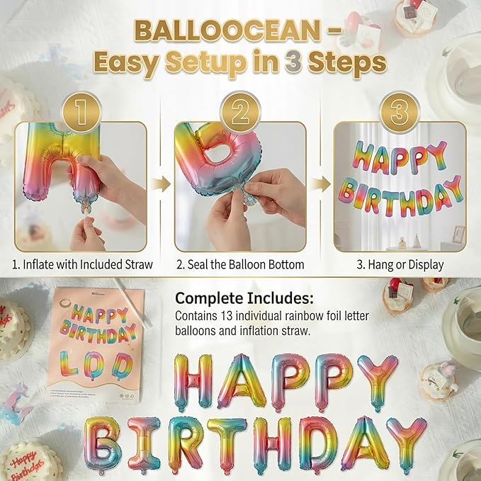 Colorful Rainbow Happy Birthday Banner Foil Letter Balloon, 14 Inch 3D Reusable Inflatable Mylar Balloon Foil Sign, Birthday Decorations for Women Men Boys Girls Kids (Birthday Banner 4)