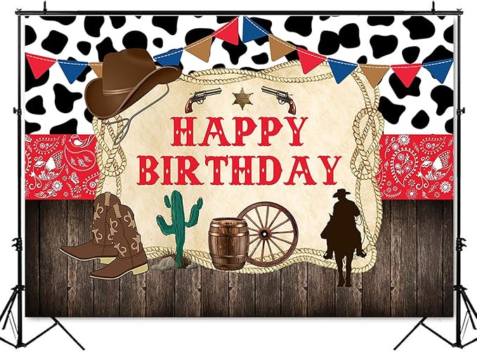 Mocsicka 7x5ft Western Cowboy Happy Birthday Backdrop Rustic Old West Rodeo Decorations Red Bandana Wood Background for Kids Party Photography Banner (7x5ft (82x60 inch))