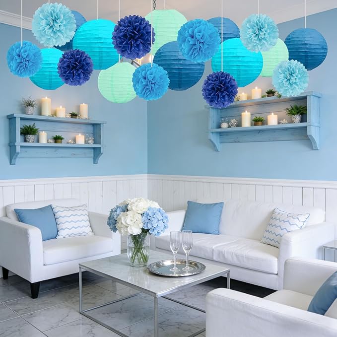 18 PCS Blue Paper Lanterns & Tissue Paper Pom Poms for Boys Birthday, Baby Shower, Wedding, Bridal Shower, Hanging Paper Decor for Indoor Outdoor Events Theme Party Supplies