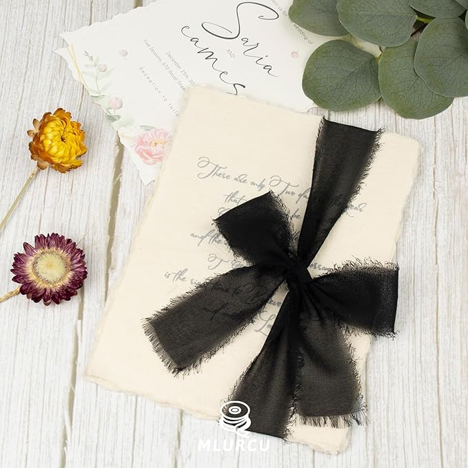 Black Chiffon Ribbon 1-1/2 Inch x 21Yards Handmade Fringe Chiffon Silk Ribbon Boho Frayed Ribbon Black Ribbon for Wedding Invitation, Bridal Flower Bouquets, Floral Arrangement, Gift Wrapping