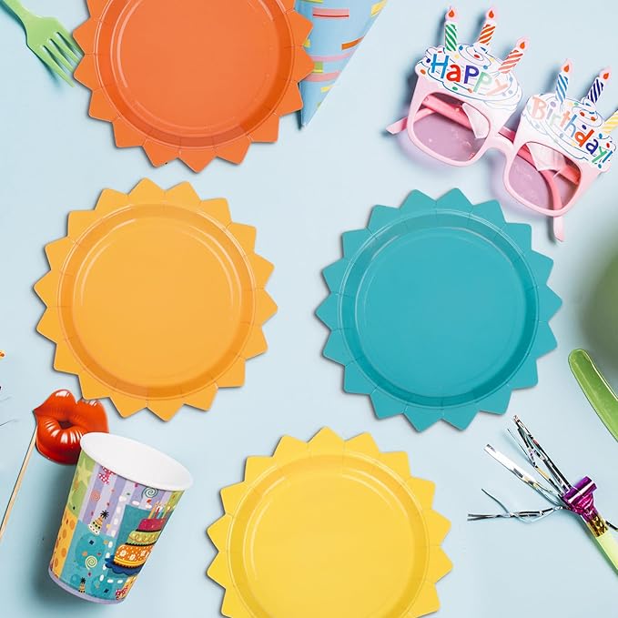FYSUIMU 48 Pcs Here Comes The Son Party Plates Boho Sun Paper Disposable Plates 7 Inch Colored Sunshine Shape Tableware for First Trip Around the Sun Baby Shower 1st Birthday Summer Table Decor