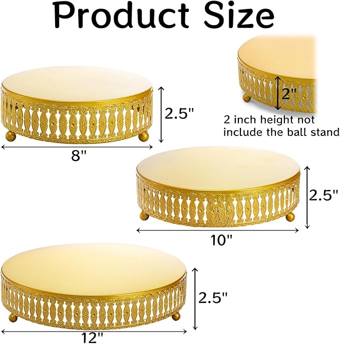 Goaste 3 Pack Metal Gold Cake Stand, 8"/10"/12" Round Cake Stands Set, Dessert Cupcake Display Stand Plate, Metal Display Risers for Pastry, Wedding, Birthday, Party, Anniversary, Table Decor, Events