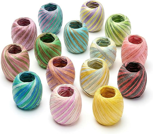 Raffia Paper Ribbon Multicolored Section Dyeing Strings 15 Rolls Set for Gift Box Wrapping and DIY Decoration (3-Color Gradient Dyeing)