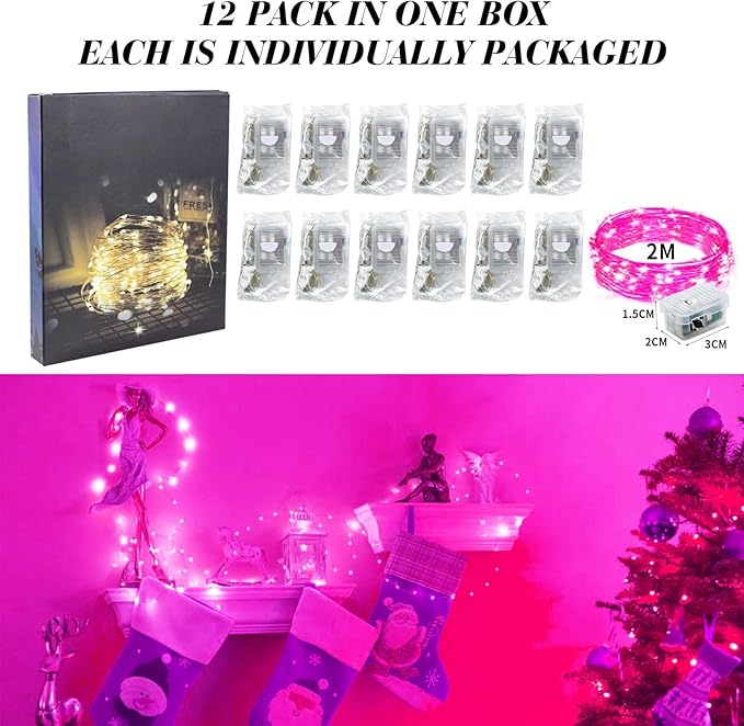 ZGWJ 12 Pack Fairy Lights Battery Operated, 7FT 20LED Mini Fairy String Lights Silver Wire 3 Modes for DIY, Parties, Wedding, Bedroom, Halloween Christmas Decoration- Pink