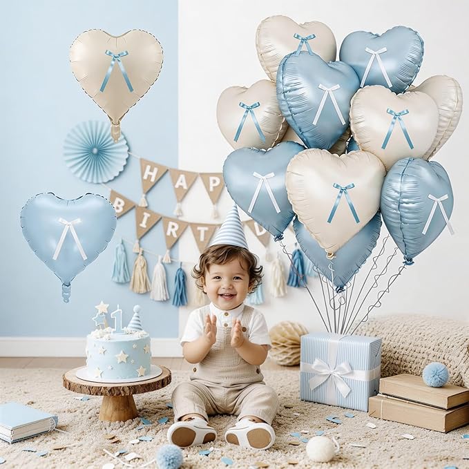 Blue White Heart Balloons with Ribbon Bow, 10 Pcs Baby Blue Cream Heart Shape Foil Balloons, 18 Inch Helium Balloon with Bow Decoration for Boy Baby Shower Baptism Brithday Bridal Shower Party Decor