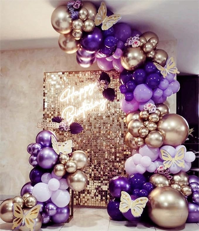 MEBAY Grey Violet Maca Purple Gold Balloons Garland Arch Kit, 146Pcs Latex Balloons Different Sizes 18 12 10 5 Inch for Party Decoration Birthday Wedding Engagements Anniversary Baby Shower