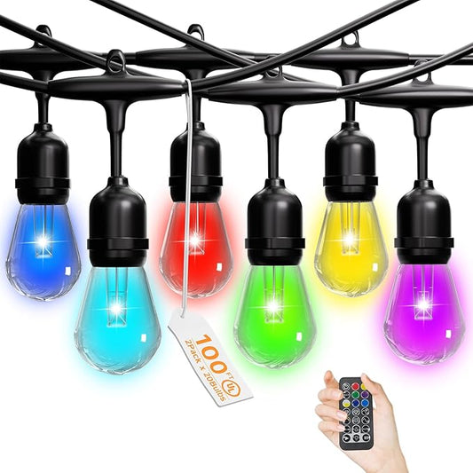 RGB Safety String Lights 100FT - Commercial Grade Low Voltage Strand with 40+2 S14 Shatterproof Bulbs for Tree Garden Yard bistro Cafe | RGB Party Lights & Outdoor Lights | IP65 Waterproof | UL Listed